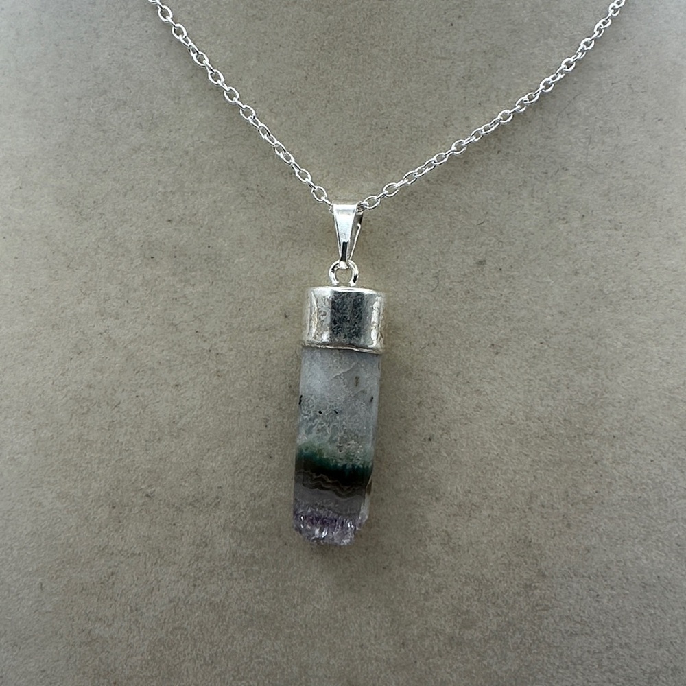 Amethyst and Agate Cylinder Pendant on Box Chain